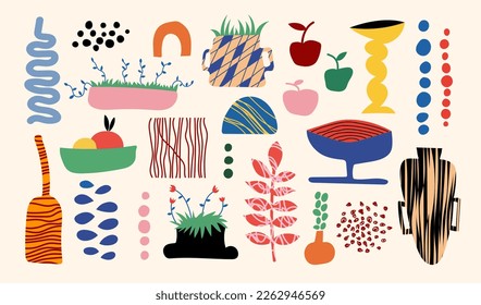 Stickers set. Vases, textures, plants, flowers, fruits. Drawing style. Colorful illustrations for covers, pictures. Interior painting. Hand drawn fashion vector illustration.