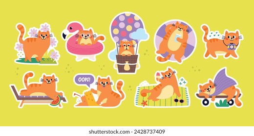 Stickers set of vector cute funny red cats on the beach. Happy cat characters with towel, swimming circle, flamingo, shark, sand castle, camera, sunglasses, cocktails, chaise longue.