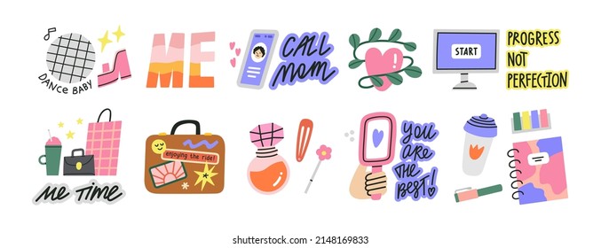 Stickers set. Vector illustrations of different events: travel, family, party, work, daily routine etc. Life style and self care concept.
Inspirational design and motivating phrases in trendy colors. 