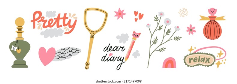 Stickers set. Vector illustrations with different attributes of girl's life: diary, love, beauty products, flowers etc. Life style concept.
Inspirational design with hand drawn quotes in pastel colors