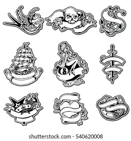 Stickers Set with Vintage Hand Drawn Elements. Pirate and Sailing Theme.