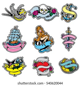 Stickers Set with Vintage Hand Drawn Elements. Pirate and Sailing Theme.