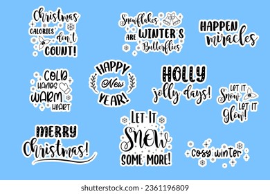 Stickers set winter inscriptions, greetings, happy new year and Christmas