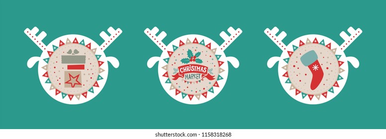 Stickers in the shape of a deer head with the symbols of Christmas socks for gift, logo Christmas market, gifts in boxes, garlands, confetti. Vector illustration