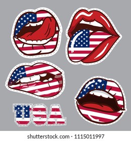 Stickers in the shape of the lips with the American flag. Stickers for stickers, textiles, badges, fabrics, posters, banners, advertising, united states, web, trinkets.