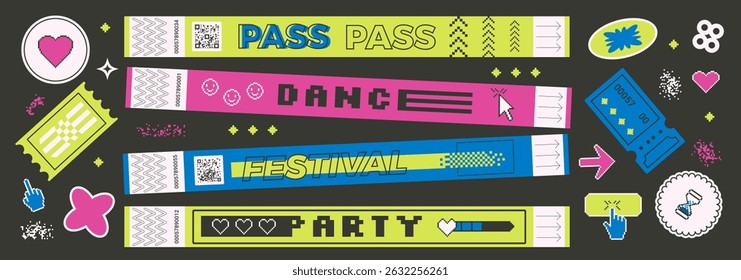 Stickers shapes and hand bracelet tickets set. Music festival, party, concert wristbands, patches in retro rave style. Paper y2k show stamps and pixel art labels. Vector promo tags and 8 bit badges.