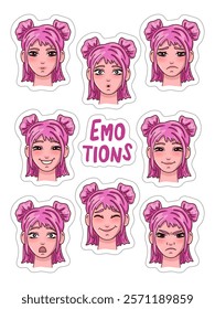 Stickers sheet with girl emotions. Vector illustration.