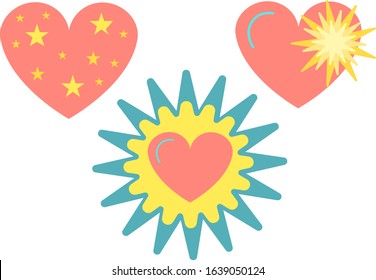 Stickers  shining heart, star in the heart; star,  for the holiday Valentine's Day on a white  background. Surface design for badge, badge, ticket, label, paper and scrapbook. Vector.