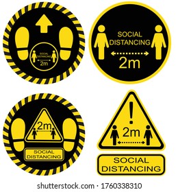 Stickers and signs warning of the observance of social distance.