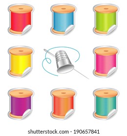 Stickers, silver thimble, needle, 8 spools of thread, strand detail, summer beach colors for do it yourself sewing, tailoring, quilting, needlework, isolated on white background. EPS8 compatible.