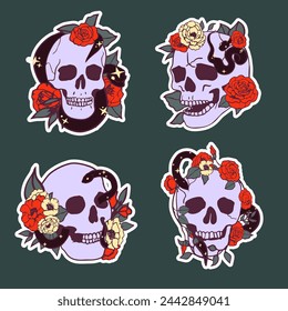 Stickers skull with flowers and snakes isolated on a green background. Set of vector illustrations.