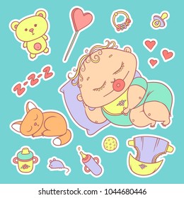 Stickers sleeping child and kitten. Hygiene items, baby care and toys. The chubby curly asleep kid with pacifier in his mouth in bright clothes and red cat. Vector set of color illustrations