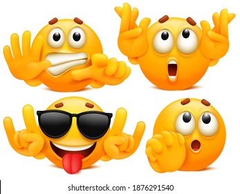 Stickers for smartphone application. Set of four yellow cartoon emoji charaters in various situations. Emoticon collection. Vector illustration