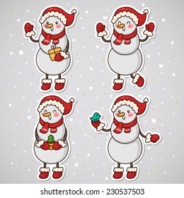 Stickers with Snowman, set, vector.