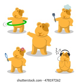 Stickers for social networks. Set of smiles guinea pig: sports, cooking, fashion, music. Mascot hamster.