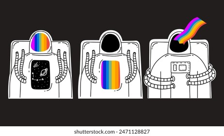 Stickers with  space astronauts with rainbows in retro groove style set. Collection of vector spaceman's doodles in 70S style. 