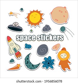 
Stickers of space objects, planet, comet, satellite, rocket, astronaut, sun, stars, aliens. Vector color cute illustration of man in space