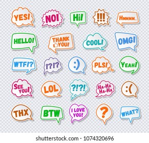 Stickers of speech bubbles set with sign - hello, yes, no, i love you white color on transparent background for chat, your message, communication. Vector Illustration 10 eps - Powered by Shutterstock - Get 15% off with code: PIKWIZARD15