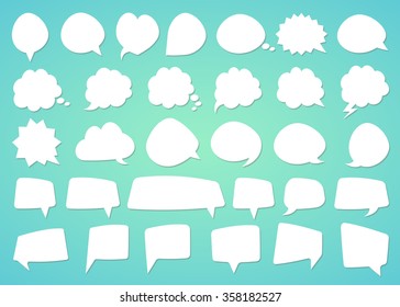 Stickers of speech bubbles with shadow set on color background (white set)