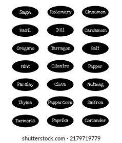 Stickers of spices for jars on a black background. Idea for kitchen interior.