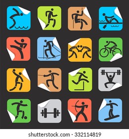 Stickers with sport icons.
Set of colorful  Square Stickers on the black background with sport symbols. Vector 