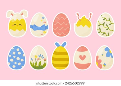 Stickers spring easter eggs on pink background with stroke. vector illustration