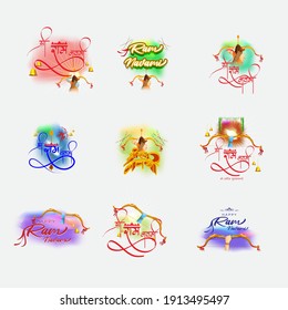 stickers for Spring Hindu festival, Shree Ram Navami(Hindi text),written text means Shree Ram Navami, Lord Rama with bow and arrow greeting, poster, banner, flyer, vector illustration 