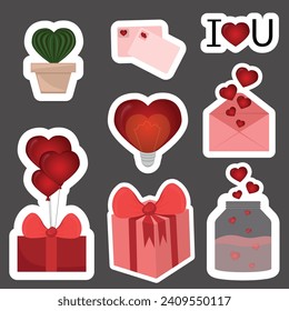 Stickers for St. Valentine's Day. Stickers gift, hearts, lamp, vase, envelope, jar with hearts.