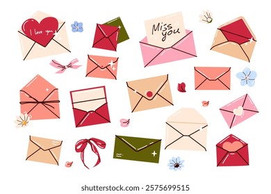 Stickers for St. Valentine's Day on February 14 with envelopes and love letters. Mail items set, romantic letters envelops with greeting postcards, holiday mails, invitation card. Envelope and paper