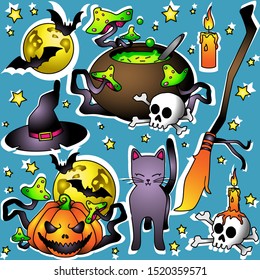 Stickers, sticker pack, halloween, pumpkin, moon, bats, cat
