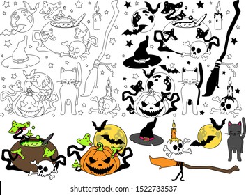 Stickers, sticker pack, halloween, pumpkin, moon, bats, cat, coloring, contour