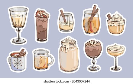 Stickers. Sticker pack. Popular hot winter drinks isolated vector illustrations. Christmas beverages and cocktails. Mug of hot chocolate eggnog apple cider coffee cacao wine champagne.