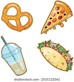 Aufkleber von streed food. Bild von Brezel, Pizza, Limonade und Taco. Vektorgrafik.