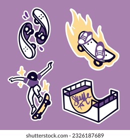 Stickers with strokes on the theme of skateboarding and street urban sports. Burning skateboard, skateboarder girl, ramp in the skatepark. Vector outline simple cartoon style.