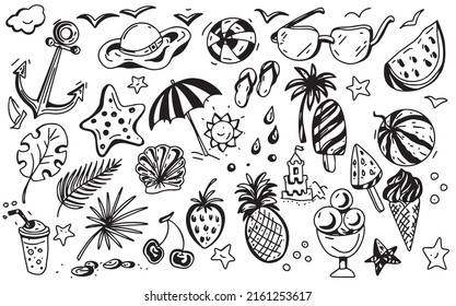 Stickers summer doodle sketch hand drawn line graphic black and white big set of separate elements separately on a white background umbrella pineapple anchor sun