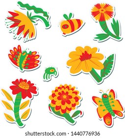 Stickers with summer floral objects. Set with flowers and insects  in cute cartoon style. Vector illustration for seasonal designs and labels