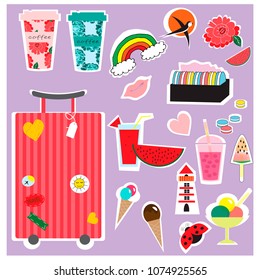 Stickers summer and travel collection. Perfect for web, card, poster, cover, tag, invitation, sticker kit. Vector illustration.