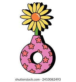 Stickers with sunflower abstract bouquets. Geometric vases with bouquets of flowers in a trendy cartoon style. Botanical elements. Vintage groovy composition with hippie flowers.