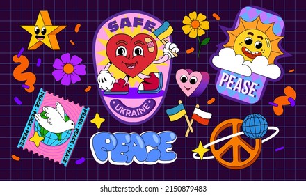 Stickers in support of peace with the Ukrainian flag on the heart. Stickers with peace sign and dove on a background of geometric pattern in the style of cartoon 90s