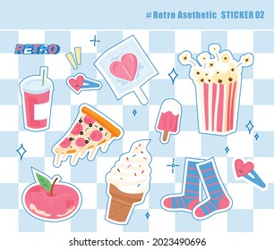 Pegatinas de objetos dulces y lindos sobre una manta azul claro. ilustración vectorial de estilo de diseño plano.