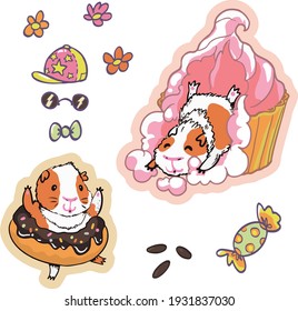 Stickers. Sweets and Guinea Pigs. Joyful pets play with donut and cupcake. Candies and attributes to create your designs. Layer with cutting shapes is included.