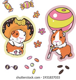 Stickers. Sweets and Guinea Pigs. Joyful pets play with donut and lollipop. Candies and attributes to create your designs. Layer with cutting shapes is included.