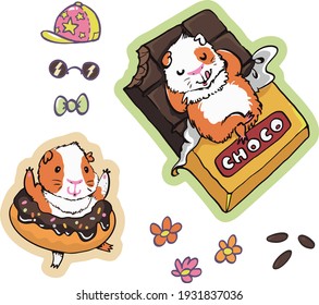 Stickers. Sweets and Guinea Pigs. Joyful pets play with donut and chocolate. Layer wuth cutting shapes is included.