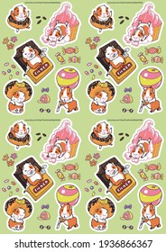 Stickers. Sweets and Guinea Pigs. Joyful pets play with donut, chocolate, lollipop and cupcake. Planners size. Layer with cutting shapes is included. A4 proportion