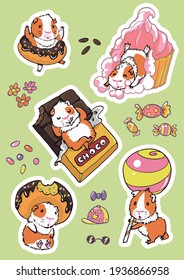Stickers. Sweets and Guinea Pigs. Joyful pets play with donut, chocolate, lollipop and cupcake. Candies and attributes to create your own designs. Layer with cutting shapes is included. A4 proportion