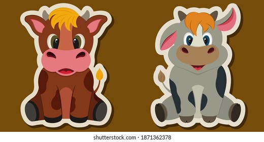 Stickers with the symbol of 2021 - Bull, cow or buffalo. stickers Vector illustration isolated on dark brown background. The mascot of the Chinese New Year 2021. Two little bull Cartoon characters.