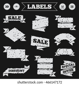 Stickers, tags and banners with grunge. 3d technology icons. Printer, rotation arrow sign symbols. Print cube. Sale or discount labels. Vector