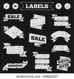Stickers, tags and banners with grunge. Fishing icons. Fish with fishermen hook sign. Float bobber symbol. Sale or discount labels. Vector