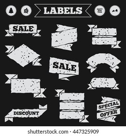 Stickers, tags and banners with grunge. Happy new year icon. Christmas trees signs. World globe symbol. Sale or discount labels. Vector