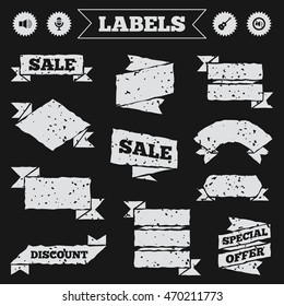 Stickers, tags and banners with grunge. Musical elements icons. Microphone and Sound speaker symbols. No Sound and acoustic guitar signs. Sale or discount labels. Vector